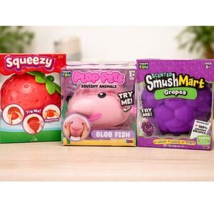 Crazy Fun Squishy Toy Bundle Plop Pets Blob Fish SmushMart Grapes Strawberry